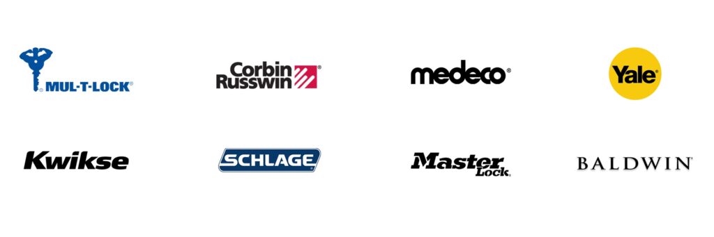 Image displaying logos of various lock brands: MUL-T-LOCK, Corbin Russwin, Medeco, Yale, Kwikset, Schlage, Master Lock, and Baldwin.